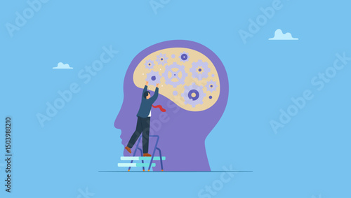 Vector illustration of business people adjusting a gear mechanism inside the head silhouette. Self improvement concept.