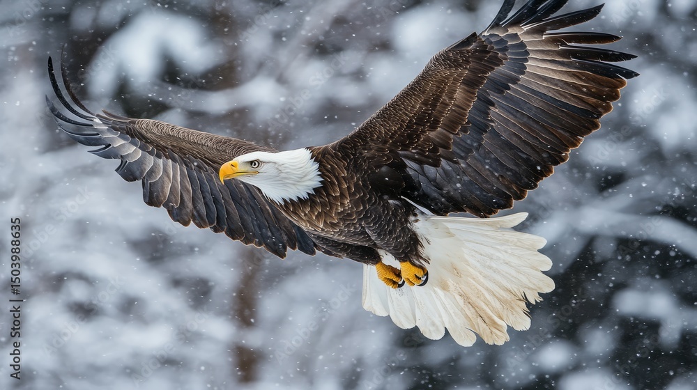 Fototapeta premium Adult bald eagle in flight over snowy alaskan landscape featuring haliaeetus leucocephalus washingtoniensis gliding through winter sky in majestic wildlife scene 