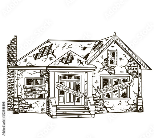 Abandoned old broken brick house.  Old house exterior. Hand drawn sketch on white background. Graphic black white isolated sketch illustration