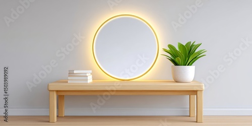 a realistic photo of a tidy desk setup with ring light for virtual meetings