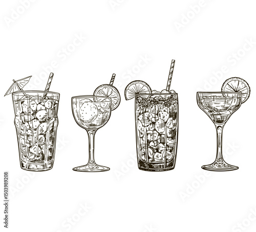 hand drawn set of cocktails and alcohol drinks.  Cocktail or mocktail, hand drawn retro illustration. Alcoholic or non-alcoholic cocktail. Menu background. Cocktail party. Sketch