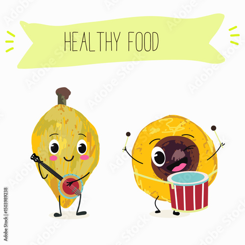 lucuma fruit cute funny cheerful characters with different poses and emotions. Vector hand drawnvector illistration.