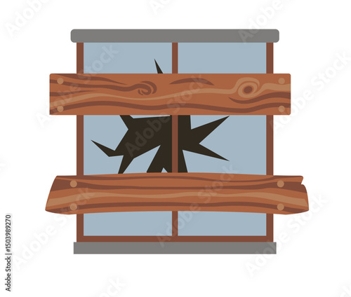 Broken and boarded up window flat illustration. Abandoned house window. Concept symbol