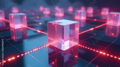 The image is a computer-generated scene of a grid of cubes, with a red cube in the center