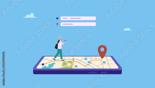 Vector illustration of a character explores a new city using a map on their phone. A woman on vacation using a map on her phone. 