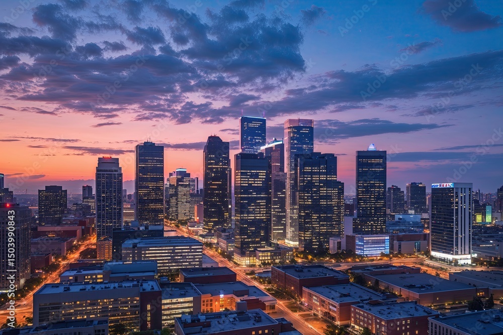 Fototapeta premium Dusk Business District Skyline with Modern Architecture and Vibrant Urban Lights