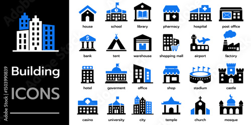 Building icon set. Collection of house, home, store, office, school, hotel, church, factory and more. Solid vector icons collection