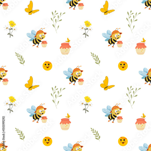 Seamless pattern with cute cartoon bees, honey jars, butterflies, flowers and sun faces on white background