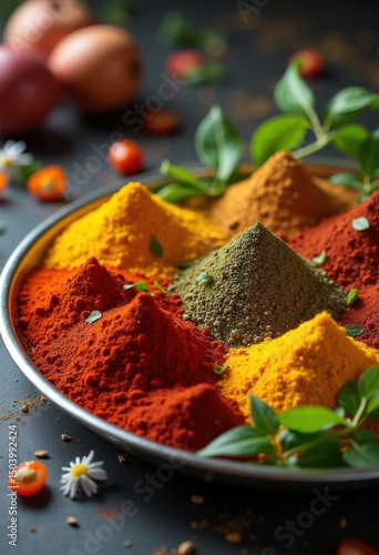 Fototapeta Naklejka Na Ścianę i Meble -  colorful spices fresh garnishes displayed reflective steel plate culinary art presentation, food, gourmet, colors, seasoning, salt, pepper, coriander