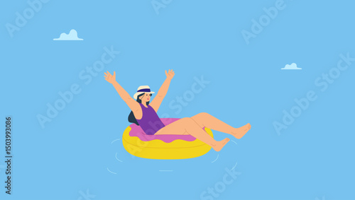 Vector illustration of summer vacation woman in hat floats on an inflatable donut mattress. Happy woman relaxing and enjoying family summer travel holidays travel on the sea.