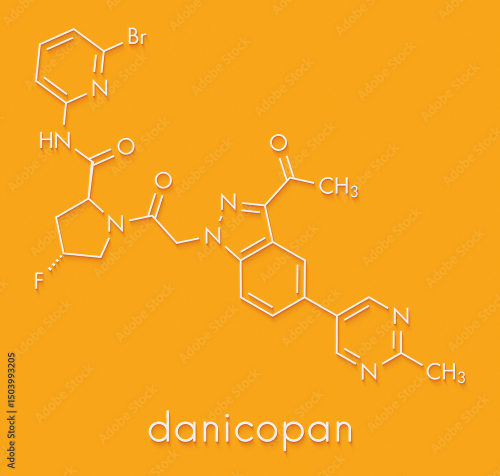Fototapeta premium Danicopan paroxysmal nocturnal hemoglobinuria drug molecule. Skeletal formula.