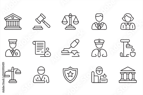 Legal System and Law Enforcement Icons in Stroke Line Art