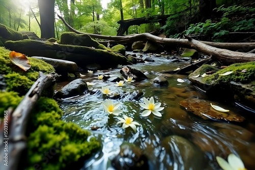 A peaceful spring forest stream surrounded by moss-covered rocks and fallen branches, with delicate white flowers floating on the water's surface. Captured in soft natural light.