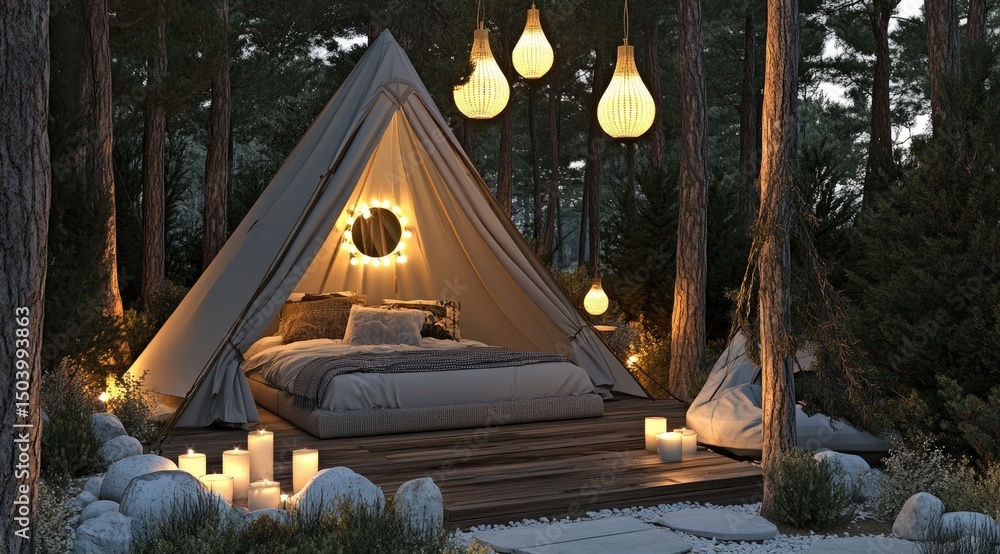 Fototapeta premium Cozy woodland glamping tent with a comfortable bed, illuminated by string lights and candles, nestled amongst trees