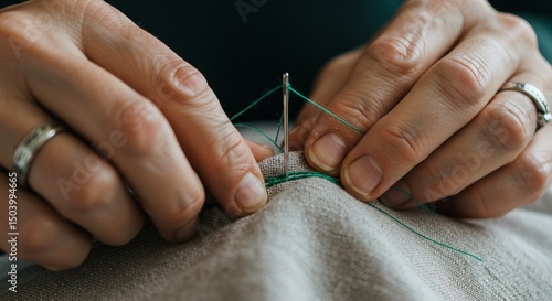 Hand stitching fabric using thread needle sewing textile background detail