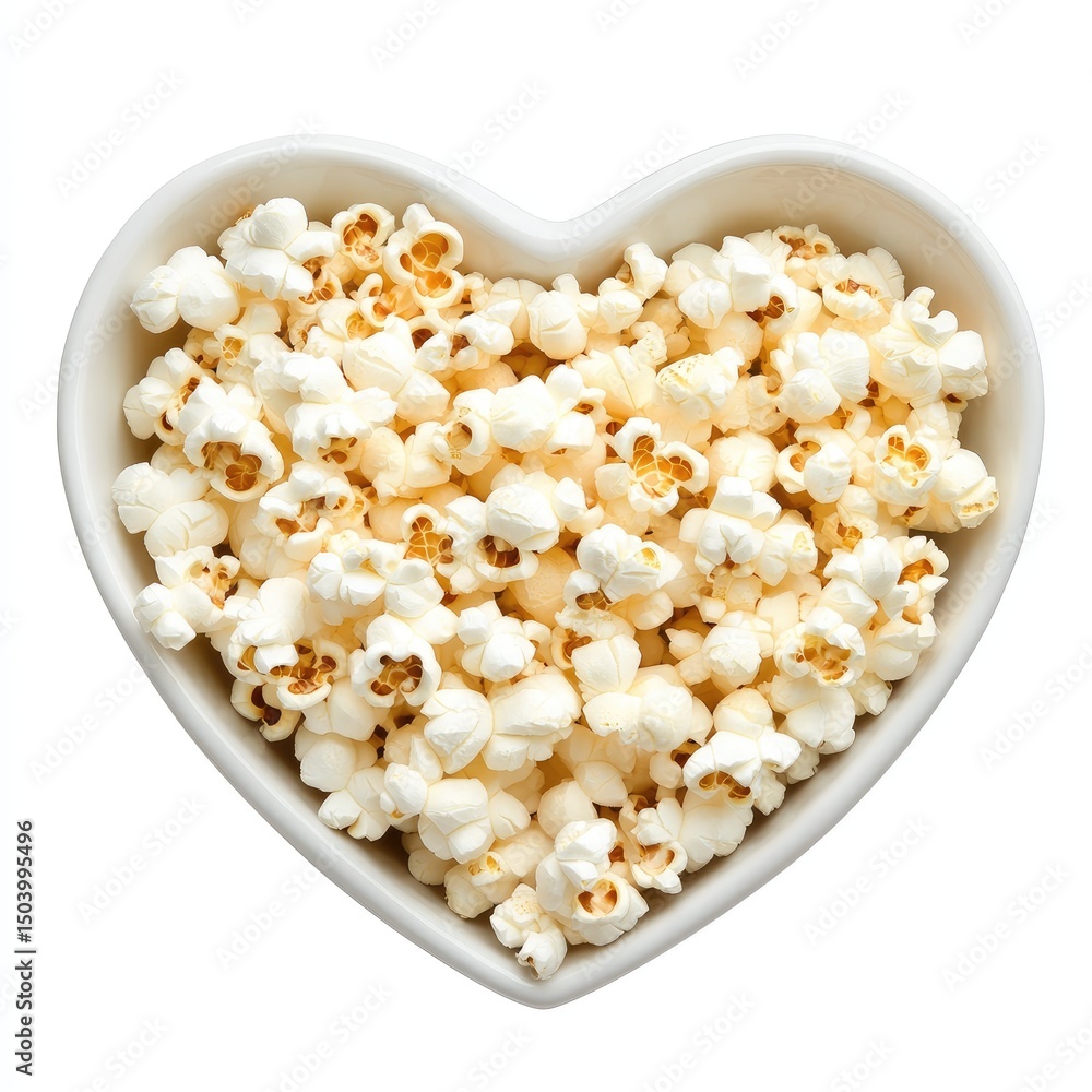 Heart-shaped bowl overflowing with fluffy, lightly browned popcorn kernels Heart-shaped bowl overflowing with fluffy, lightly browned popcorn kernels