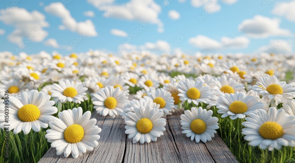 Obraz premium A field of daisies on a wooden surface