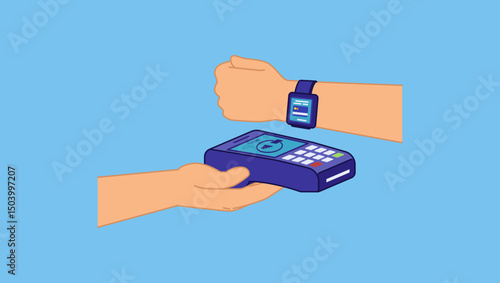 Vector illustration of smart watch making digital payment, smart watch doing scanning with EDC machine. Payment and fintech app with pos, deal and services with scanning in store.