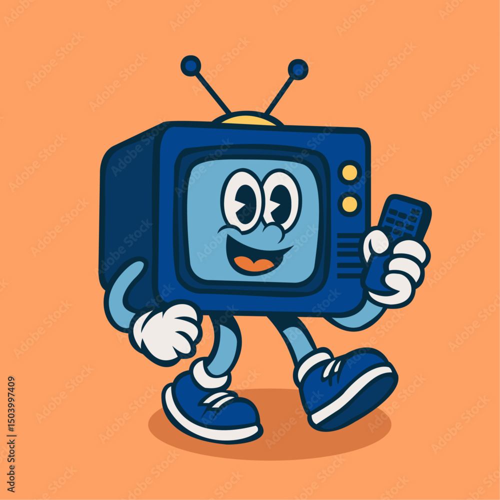 Naklejka premium Happy Retro TV Mascot Holding Remote – Cartoon Vector Character
