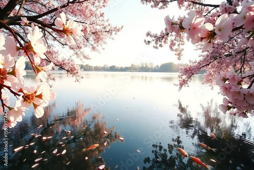 Breathtaking spring scene featuring delicate pink cherry blossom branches framing a peaceful lake with perfect reflections. The image captures the essence of tranquil nature with blooming flowers.
