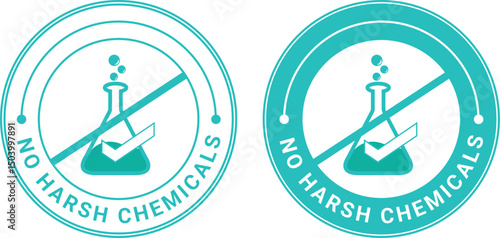 teal no harsh chemicals labels with test tube icon and check mark in circle used for safe product packaging	