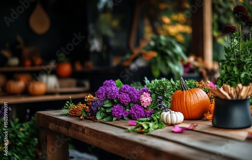 Autumn Harvest Display With Pumpkins, Flowers, and Fresh Greens in a Rustic Setting