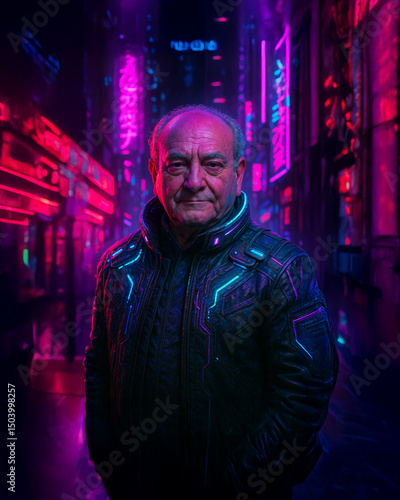 Uomo maturo in uno scenario urbano cyberpunk co luci led magenta ciano rosse
