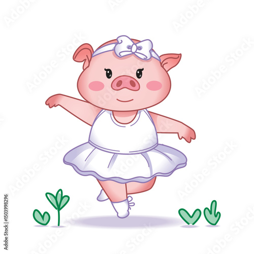 Cute vector illustration of a ballet pig in a white ballet dress. Perfect for children's invitations and posters.