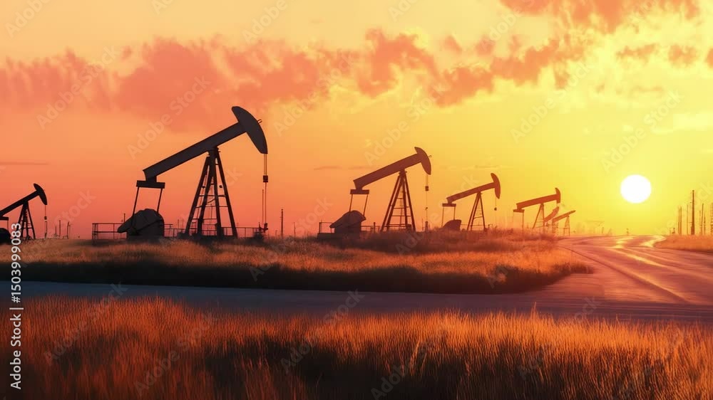 Industrial oil pumps extracting crude oil at sunset, with a refinery in the background releasing pollutants into the air, alongside an empty road cutting through the landscape Industrial oil pumps extracting crude oil at sunset, with a refinery in the background releasing pollutants into the air, alongside an empty road cutting through the landscape