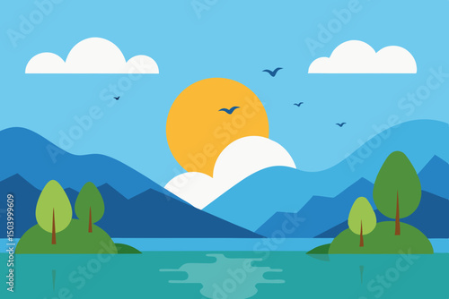 flat design of early morning scene with birds 