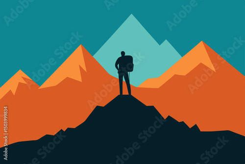  flat style of a hiker silhouetted on a ridge 