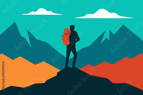  flat style of a hiker silhouetted on a ridge .svg