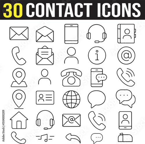 set of contact icon for mobile and web app. social media icon, contact information, business card icon set, contact us template, editable stroke, email, office, location, chat, info