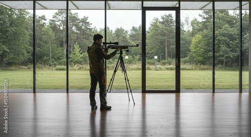 Wallpaper Mural Marksman aims rifle outdoors using tripod aiming at targets in natural setting featuring greenery Torontodigital.ca