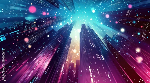 Futuristic cityscapes at night, vibrant colors and digital effects