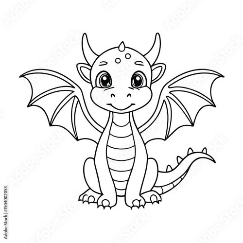 Cartoon baby dragon with horns, wings, tail, and big eyes sits patiently