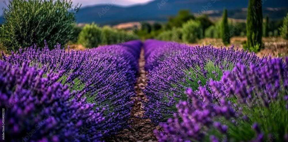 Obraz premium Lavendar Fields in Bloom Under a Vibrant Sunset in Southern France
