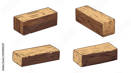 Collection of Four Wooden Logs in Various Shapes and Textures Displayed on White Background