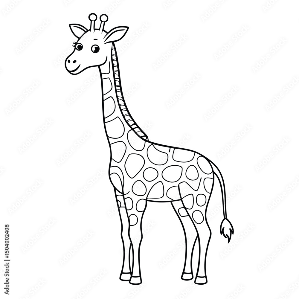 Cartoon giraffe with black outline stands tall and looks gently toward the left Cartoon giraffe with black outline stands tall and looks gently toward the left