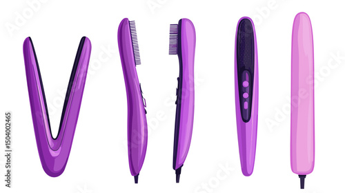 Collection of Modern Purple Hair Styling Tools Displayed in a Row with Varying Designs and Functions