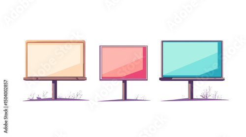 Collection of Three Colorful Empty Billboards on Poles in an Urban Setting