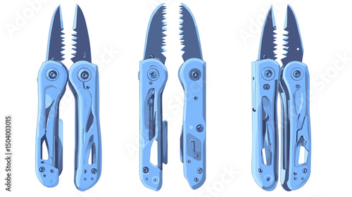 Collection of Three Modern Blue Folding Knives with Various Blade Designs on White Background