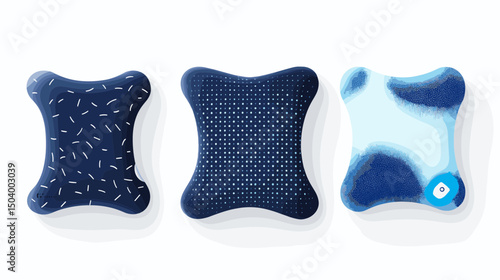 Collection of Three Modern Textured Decorative Pillows with Abstract Patterns and Soft Blue Accents