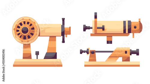 Collection of Vintage Wooden Tools Including Lathe and Saw for Woodworking Crafts
