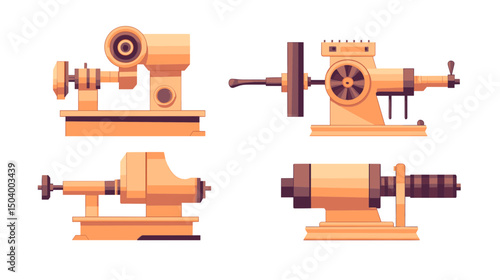 Collection of Vintage Woodworking Machines Including Lathes and Other Equipment for Crafting