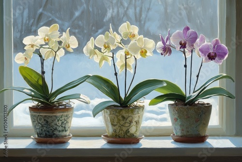 Wallpaper Mural Three potted orchids on a windowsill in winter. Torontodigital.ca