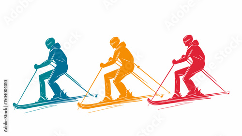 Stylized Skiing Silhouettes Featuring Three Athletes in Dynamic Poses on a White Background