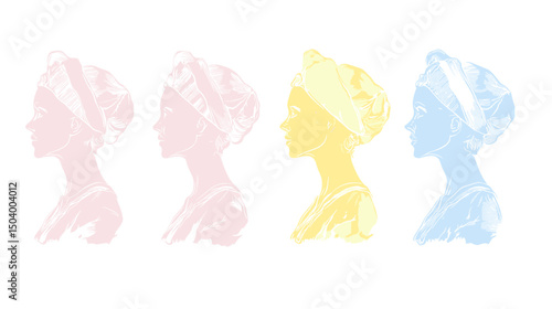 Stylized Silhouettes of Women in Pastel Colors with Headscarves in Artistic Arrangement