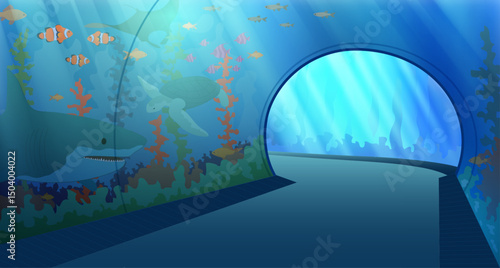 Cartoon Color Oceanarium Interior Inside Concept Flat Design Style. Vector illustration of Underwater Museum with Fishes