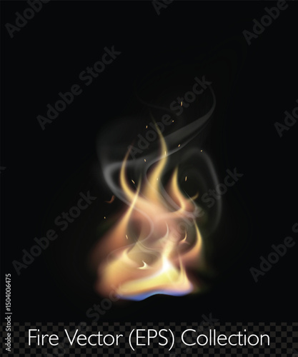 Realistic flame, fire with smoke, glowing sparkles and burning hit effects, vector (EPS), editable illustration on transparent background